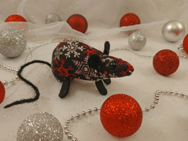 Black with Red & Silver Snow Mouse/Rat Ornament